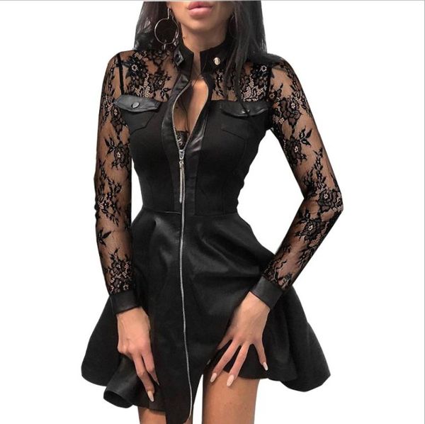 lace mesh long sleeve patchwork dress autumn zipper slim party dress fashion stand neck button pu leather mini dress mujer, Black;gray
lace mesh long sleeve patchwork dress autumn zipper slim party dress fashion stand neck button pu leather mini dress mujer, Black;gray