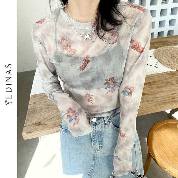 yedinas summer angel print long sleeve crop women see through mesh t shirt korean style e girl thin soft aesthetic 90s 210527, White
