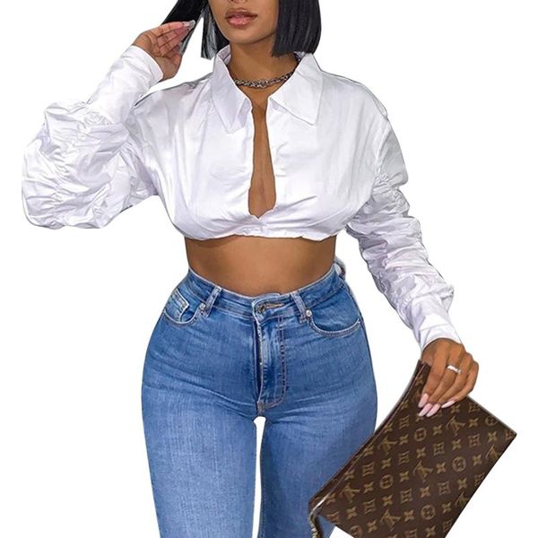 women's blouses & shirts women crop adults slim solid color puff sleeve shirt collar blouse with button, White
women's blouses & shirts women crop adults slim solid color puff sleeve shirt collar blouse with button, White