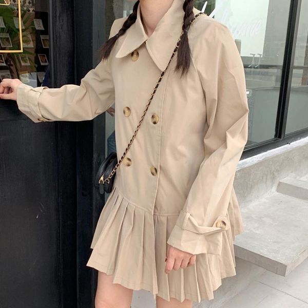 women's trench coats 2021 spring autumn wowen casual sweet stitching pleated skirt double breasted outwear, Tan;black
women's trench coats 2021 spring autumn wowen casual sweet stitching pleated skirt double breasted outwear, Tan;black