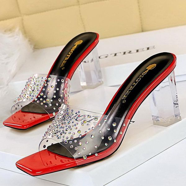 slippers shoes fashion summer women rhinestone slides transparent designer middle heel, Black
slippers shoes fashion summer women rhinestone slides transparent designer middle heel, Black