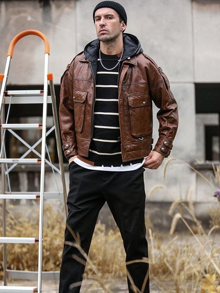 men's leather & faux genuine clothes extended version drop shoulder hooded down jacket oil wax sheepskin detachable liner, Black
men's leather & faux genuine clothes extended version drop shoulder hooded down jacket oil wax sheepskin detachable liner, Black