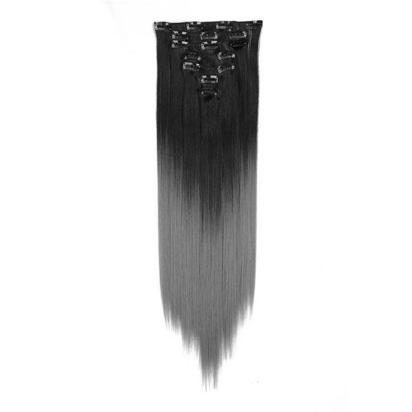 

7pcs/set 130g ombre synthetic clip in on hair extensions 22inch straight hairpieces for women beautiful, Black;brown