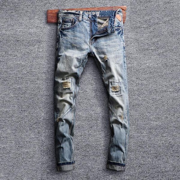 men's jeans street style fashion men retro wash slim fit destroyed hole ripped vintage designer casual cotton denim pants, Blue
men's jeans street style fashion men retro wash slim fit destroyed hole ripped vintage designer casual cotton denim pants, Blue