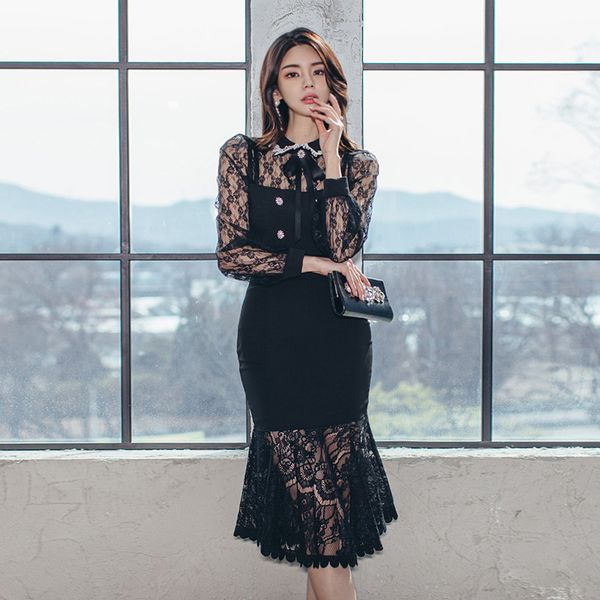 new arrival fashion spring two piece party women ol perspective lace shirt and high waist mermaid skirt slim set 5e25, Black
new arrival fashion spring two piece party women ol perspective lace shirt and high waist mermaid skirt slim set 5e25, Black