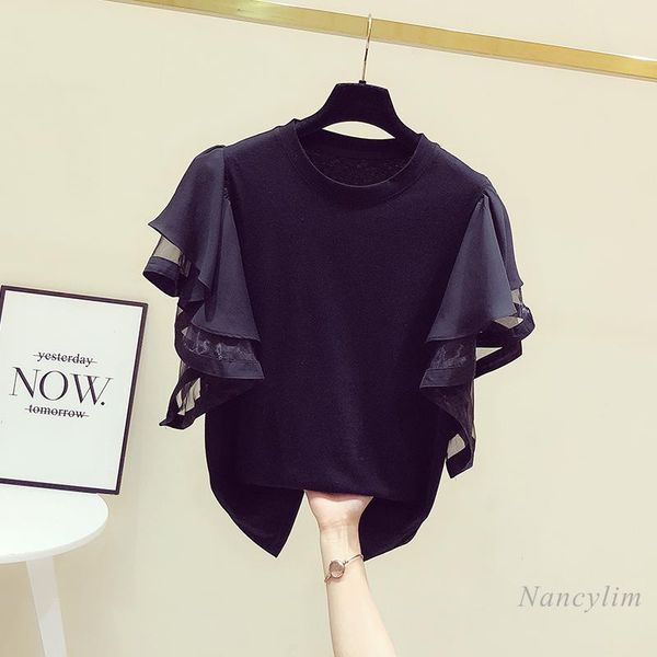 women's t-shirt short ruffled sleeve black pure color fashion tees white 2021 nancylim
women's t-shirt short ruffled sleeve black pure color fashion tees white 2021 nancylim