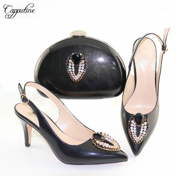 Latest Black Thin Heel Pointed Toe Shoes And Bag Sets Sale With For Lady CR892, Height 9.3cm1