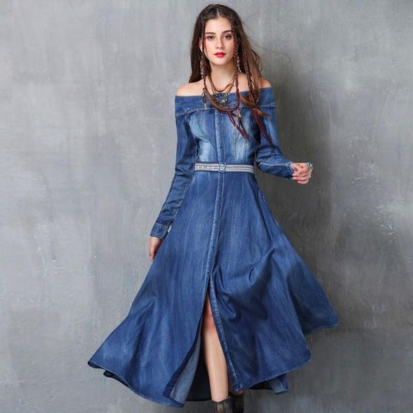 casual dresses spring autumn women denim dress slash collar retro embroidered long sleeve slim for larger jean one-piece, Black;gray 
casual dresses spring autumn women denim dress slash collar retro embroidered long sleeve slim for larger jean one-piece, Black;gray