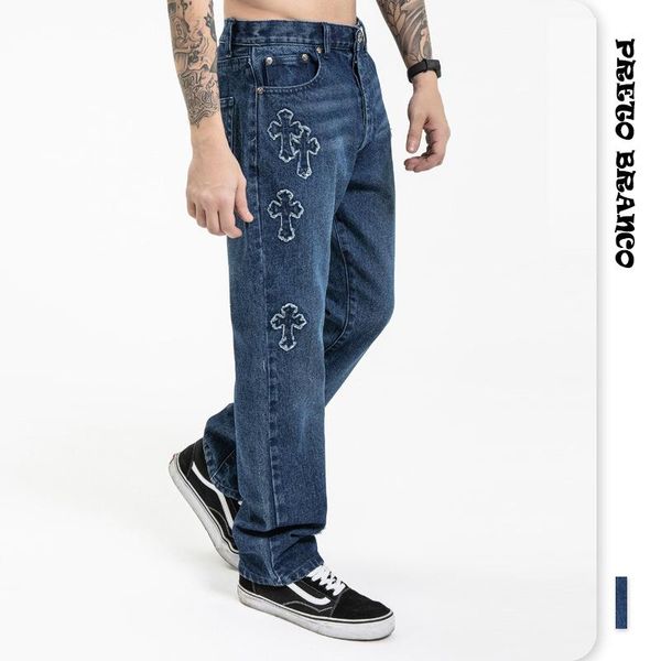 men's jeans preto branco 2021 men/women washed cross applique pants hip hop high street chrome loose straight trousers, Blue
men's jeans preto branco 2021 men/women washed cross applique pants hip hop high street chrome loose straight trousers, Blue