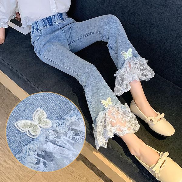 jeans kids for girls casual lace boot cut children elastic waist korean style denim pants trousers teenager, Blue