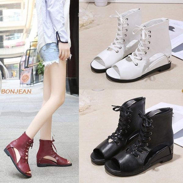 sandals summer fish mouth shoes women roman cross lace up ladies hollow out peep toe vintage wedges flat, Black 
sandals summer fish mouth shoes women roman cross lace up ladies hollow out peep toe vintage wedges flat, Black