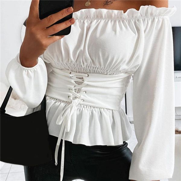 women's blouses & shirts women temperament fashion one-word shoulder folds ruffled solid color long sleeve summer for woman, White
women's blouses & shirts women temperament fashion one-word shoulder folds ruffled solid color long sleeve summer for woman, White