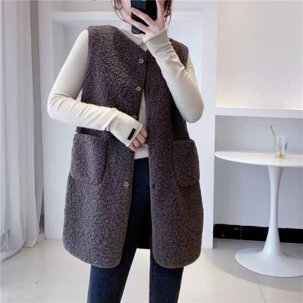 lamb wool medium long vest female autumn winter round neck loose granular cashmere composite fur one-piece coat, White
lamb wool medium long vest female autumn winter round neck loose granular cashmere composite fur one-piece coat, White