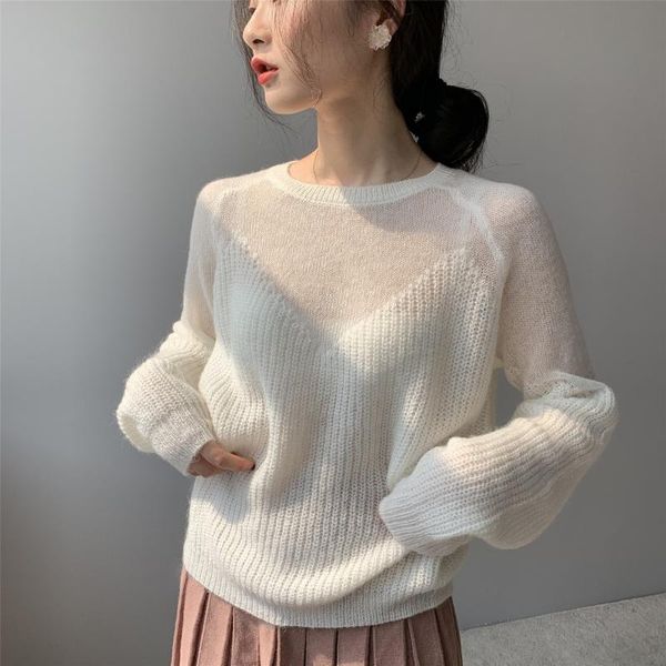 women's sweaters european autumn loose temperament simple knitted micro transparent hollow mohair women fashion streetwear 2021, White;black
women's sweaters european autumn loose temperament simple knitted micro transparent hollow mohair women fashion streetwear 2021, White;black