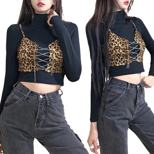 women's t-shirt leopard print high neck fake two-piece long sleeve for vacation travelling party dating, White
women's t-shirt leopard print high neck fake two-piece long sleeve for vacation travelling party dating, White