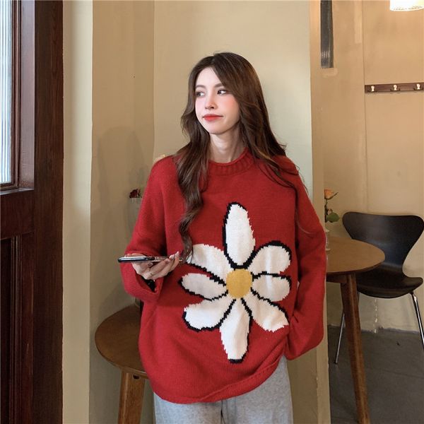 2021 autumn and winter new pullover flower jacquard retro loose women's outer wear long-sleeved sweater y461, White;black 
2021 autumn and winter new pullover flower jacquard retro loose women's outer wear long-sleeved sweater y461, White;black