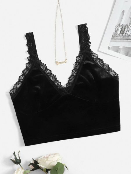 lace trim crop velvet cami k6fb#, White 
lace trim crop velvet cami k6fb#, White