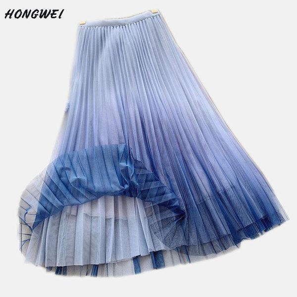 skirts gradient mesh skirt womens jupe femme 2021 high waist pleated a line midi chic tulle female, Black