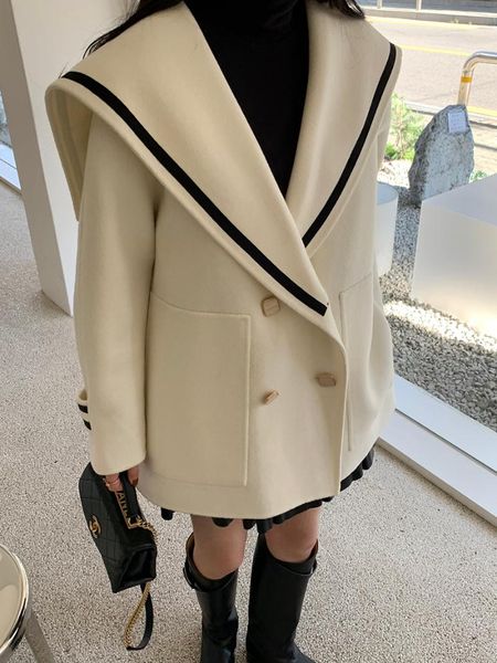 women's wool & blends 2021 quilted coats jackets contrast sailor collar woolen coat women double breasted loose big pockets full, Black
women's wool & blends 2021 quilted coats jackets contrast sailor collar woolen coat women double breasted loose big pockets full, Black