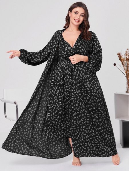 plus ditsy floral lantern sleeve satin robe & cami dress c2ii#, Black;white