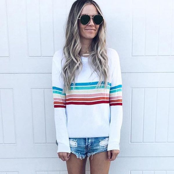women's t-shirt t shirt colorful rainbow stripes round neck long sleeve women casual fashionable pullover autumn bottoming, White
women's t-shirt t shirt colorful rainbow stripes round neck long sleeve women casual fashionable pullover autumn bottoming, White