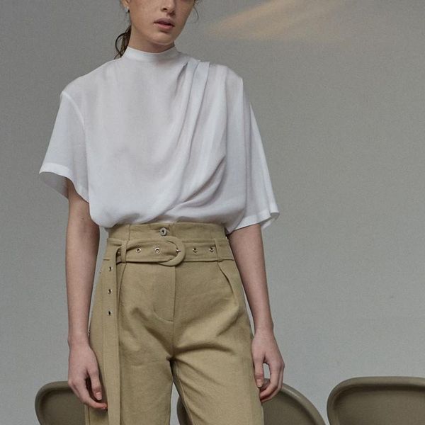 women's t-shirt o-neck tshirts pleated simple irregular 2021 loose female, White 
women's t-shirt o-neck tshirts pleated simple irregular 2021 loose female, White