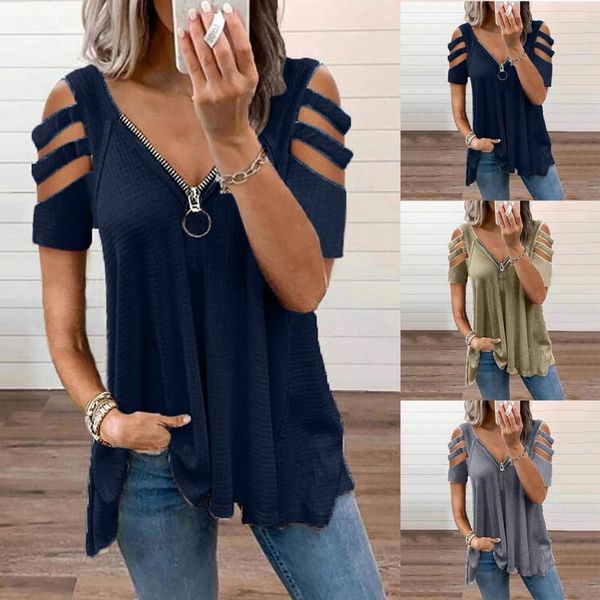 women's t-shirt women casual low-cut short sleeves v-neck zipper blouse summer ladies printed hollow out daily camisetas de mujer, White
women's t-shirt women casual low-cut short sleeves v-neck zipper blouse summer ladies printed hollow out daily camisetas de mujer, White