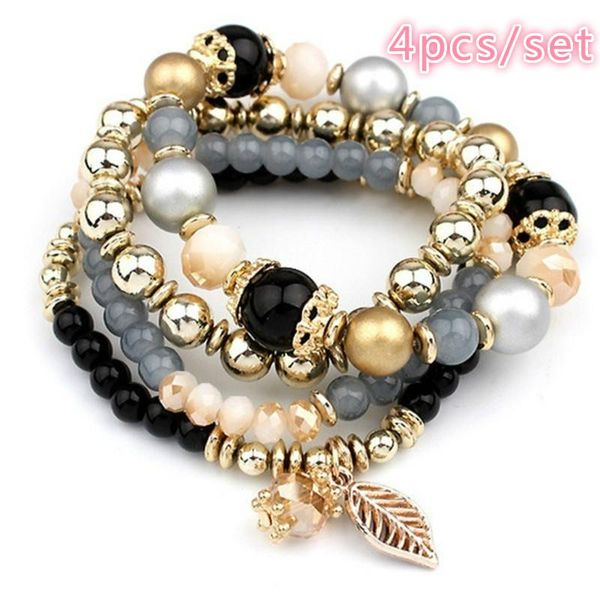 link, chain 4pcs/set designer fashion multilayer crystal beads leave tassel bracelets & bangles jewelry for women gift, Black
link, chain 4pcs/set designer fashion multilayer crystal beads leave tassel bracelets & bangles jewelry for women gift, Black