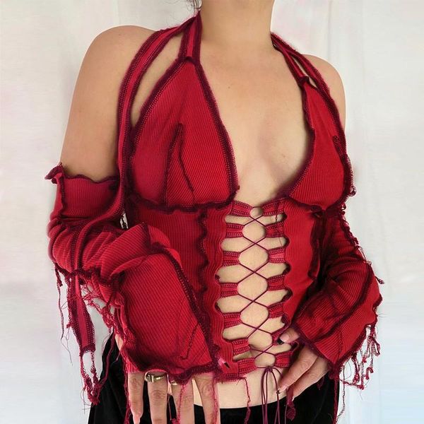 women's t-shirt backless halter ribbed tie front women long sleeve hollow out lace up t shirts patchwork bodycon crop, White
women's t-shirt backless halter ribbed tie front women long sleeve hollow out lace up t shirts patchwork bodycon crop, White