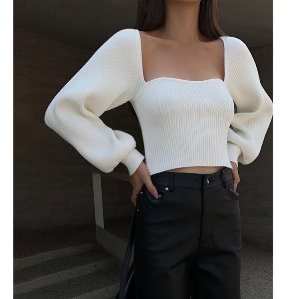 women's sweaters square collar women knit drop shoulder lantern sleeves cropped sweater solid color slim knitted, White;black
women's sweaters square collar women knit drop shoulder lantern sleeves cropped sweater solid color slim knitted, White;black
