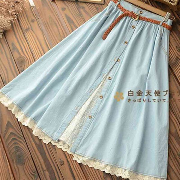 mori girl casual sweet denim womens skirt with belt solid blue lace hem female vestido mid calf high waist skirts, Black
mori girl casual sweet denim womens skirt with belt solid blue lace hem female vestido mid calf high waist skirts, Black