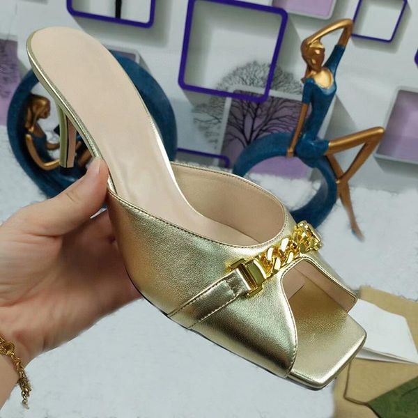slippers summer luxury thin high heel women square toe shallow mouth gold chain designer sandals runway dress shoes mujer, Black