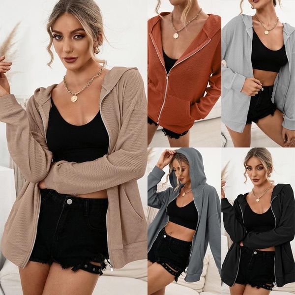 women's jackets 2021 casual hooded sweater pullover zipper cardigan jacket women, Black;brown
women's jackets 2021 casual hooded sweater pullover zipper cardigan jacket women, Black;brown