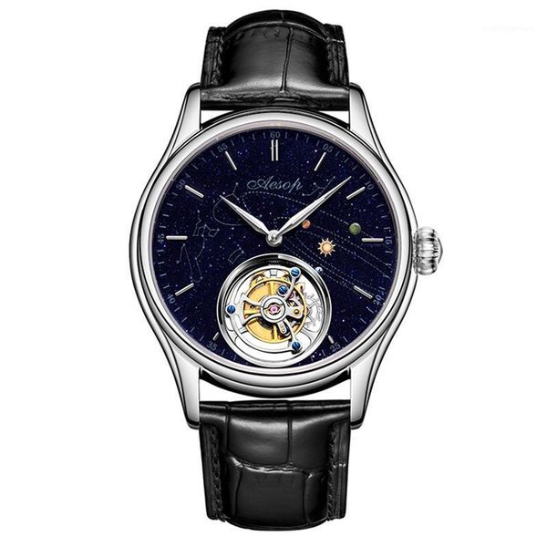 aesop real flying tourbillon watch sapphire crystal galaxy dial man genuine leather strap for men waterproof wristwatches, Slivery;brown
aesop real flying tourbillon watch sapphire crystal galaxy dial man genuine leather strap for men waterproof wristwatches, Slivery;brown