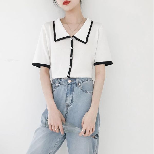 women's knits & tees lapel collar contrast color short knitted cardigan for women summer korean short-sleeved slim thin cropped girl c, White
women's knits & tees lapel collar contrast color short knitted cardigan for women summer korean short-sleeved slim thin cropped girl c, White