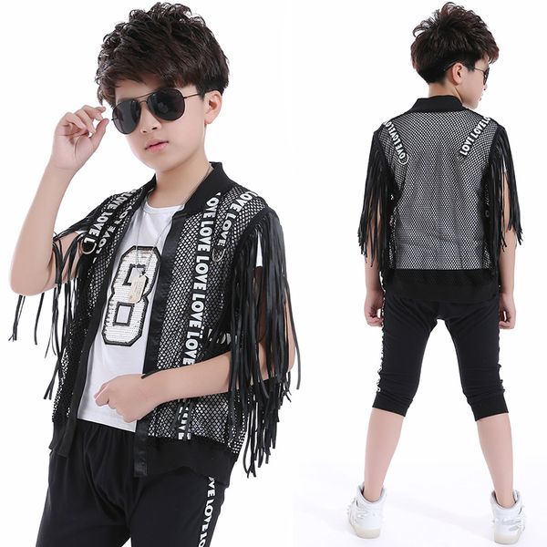 2021 new hip hop costume black fringed mesh coat boys jazz suit kids street dance clothing children stage performance wear, Black;red
2021 new hip hop costume black fringed mesh coat boys jazz suit kids street dance clothing children stage performance wear, Black;red