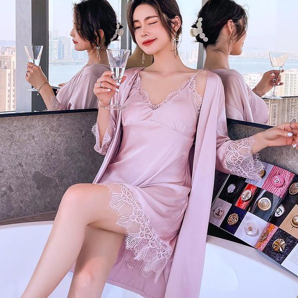 women's sleepwear women v-neck 2pcs nighty sets faux silk loose sweet lace robe gown short nightgown spring autumn casual pajamas, Black;red
women's sleepwear women v-neck 2pcs nighty sets faux silk loose sweet lace robe gown short nightgown spring autumn casual pajamas, Black;red