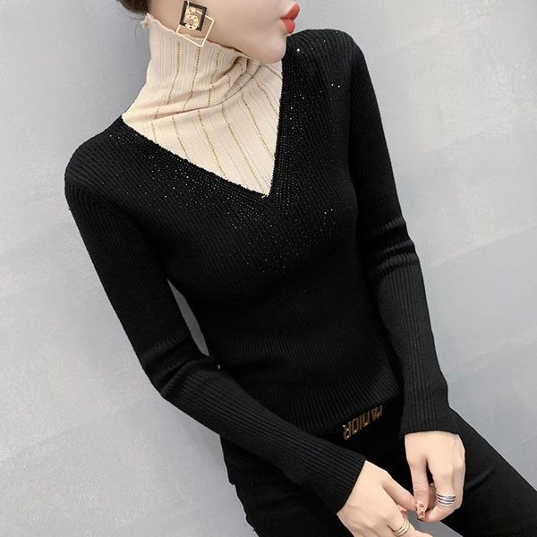 women's sweaters fall winter korean knitted sweater chic contrast color spliced turtleneck diamonds women female, White;black
women's sweaters fall winter korean knitted sweater chic contrast color spliced turtleneck diamonds women female, White;black