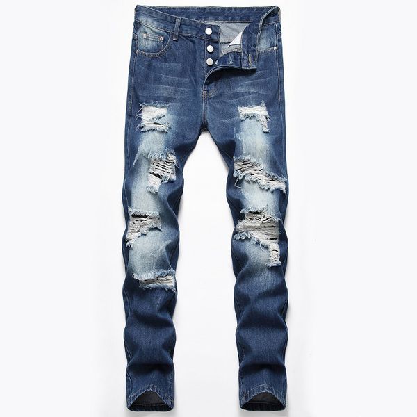 superb style men's pierced jeans comfortable fashion casual personality distress pants street party, Blue