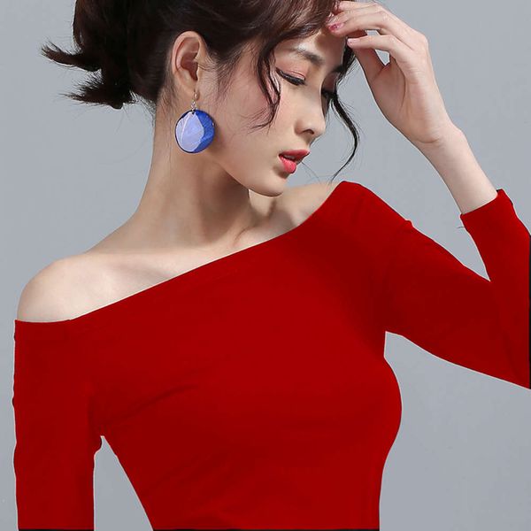red off shoulder one neck long sleeve bottom with new leaky back tight t-shirt of spring and summer 2021, White
red off shoulder one neck long sleeve bottom with new leaky back tight t-shirt of spring and summer 2021, White