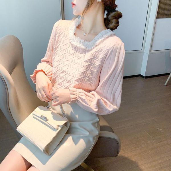 women's sweaters 2021 autumn and winter lace border lantern sleeve sweater knit temperament small shirt korean women, White;black
women's sweaters 2021 autumn and winter lace border lantern sleeve sweater knit temperament small shirt korean women, White;black