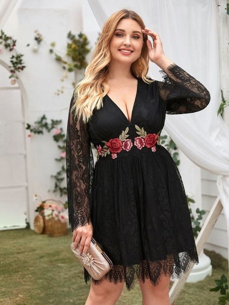 plus plunging neck embroidered flower applique lace overlay dress v9kl#, Black
plus plunging neck embroidered flower applique lace overlay dress v9kl#, Black