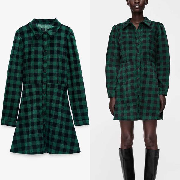za green corduroy plaid shirt dress women long sleeve vintage office lady short dresses woman fashion front button vestido 210602, Black;gray
za green corduroy plaid shirt dress women long sleeve vintage office lady short dresses woman fashion front button vestido 210602, Black;gray