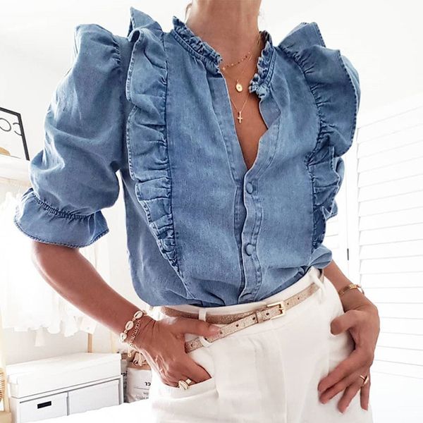 2021 new half puff sleeve ruffles blouse shirt women 0 vintage blue denim summer blouses casual femme blusas 2lqi, Black;brown
2021 new half puff sleeve ruffles blouse shirt women 0 vintage blue denim summer blouses casual femme blusas 2lqi, Black;brown