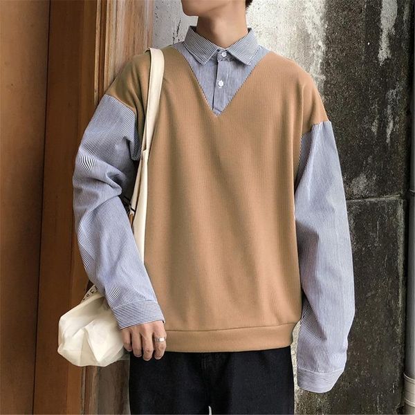 men's casual shirts hong kong style 2021 striped long lapel all-match shirt fake two autumn trendy jackets, White;black
men's casual shirts hong kong style 2021 striped long lapel all-match shirt fake two autumn trendy jackets, White;black