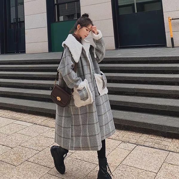 women's wool & blends winter plaid lamb padded woolen coat over-the-knee korean ity loose mid-length jacket female k8, Black
women's wool & blends winter plaid lamb padded woolen coat over-the-knee korean ity loose mid-length jacket female k8, Black
