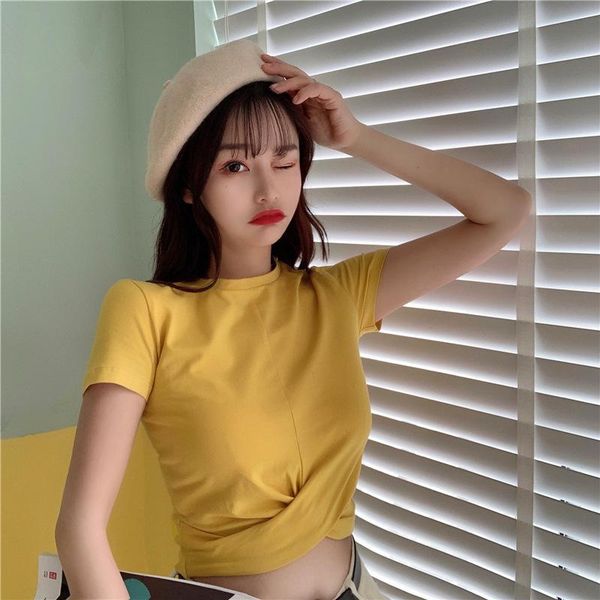 women's t-shirt summer trend slim slimming solid color short-sleeved women high waist tight-fitting short design top, White
women's t-shirt summer trend slim slimming solid color short-sleeved women high waist tight-fitting short design top, White