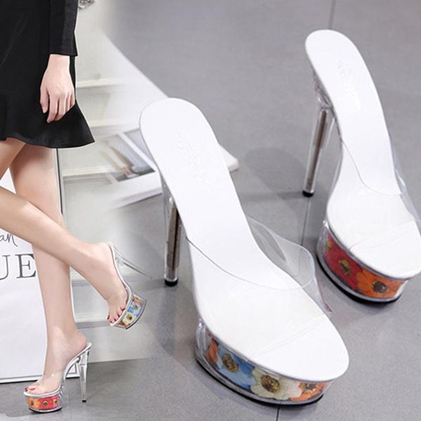 slippers women's transparent plus size sandals buckle party shoes 34-43 high heels, Black
