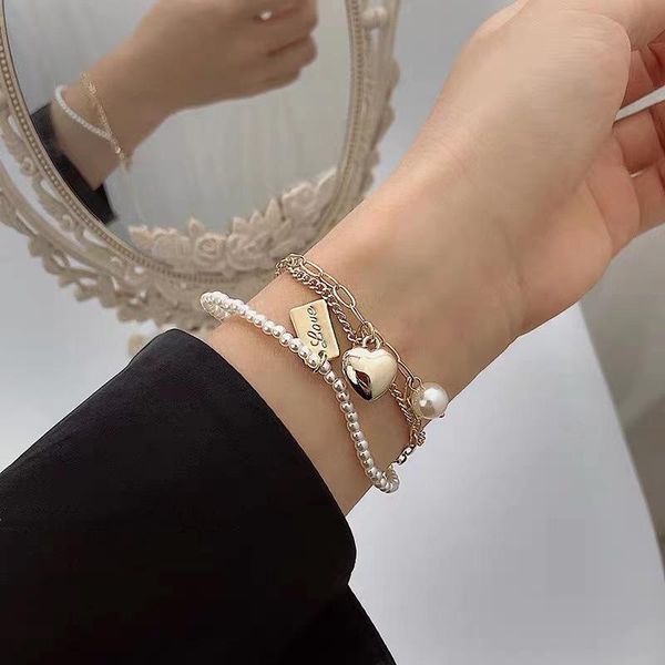 link, chain personalized bracelet three layers wear pearl love ins style hip hop temperament geometric women's, Black
link, chain personalized bracelet three layers wear pearl love ins style hip hop temperament geometric women's, Black