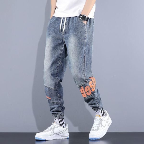 men's pants summer style stitching jeans trend korean printing handsome casual overalls, Black
men's pants summer style stitching jeans trend korean printing handsome casual overalls, Black